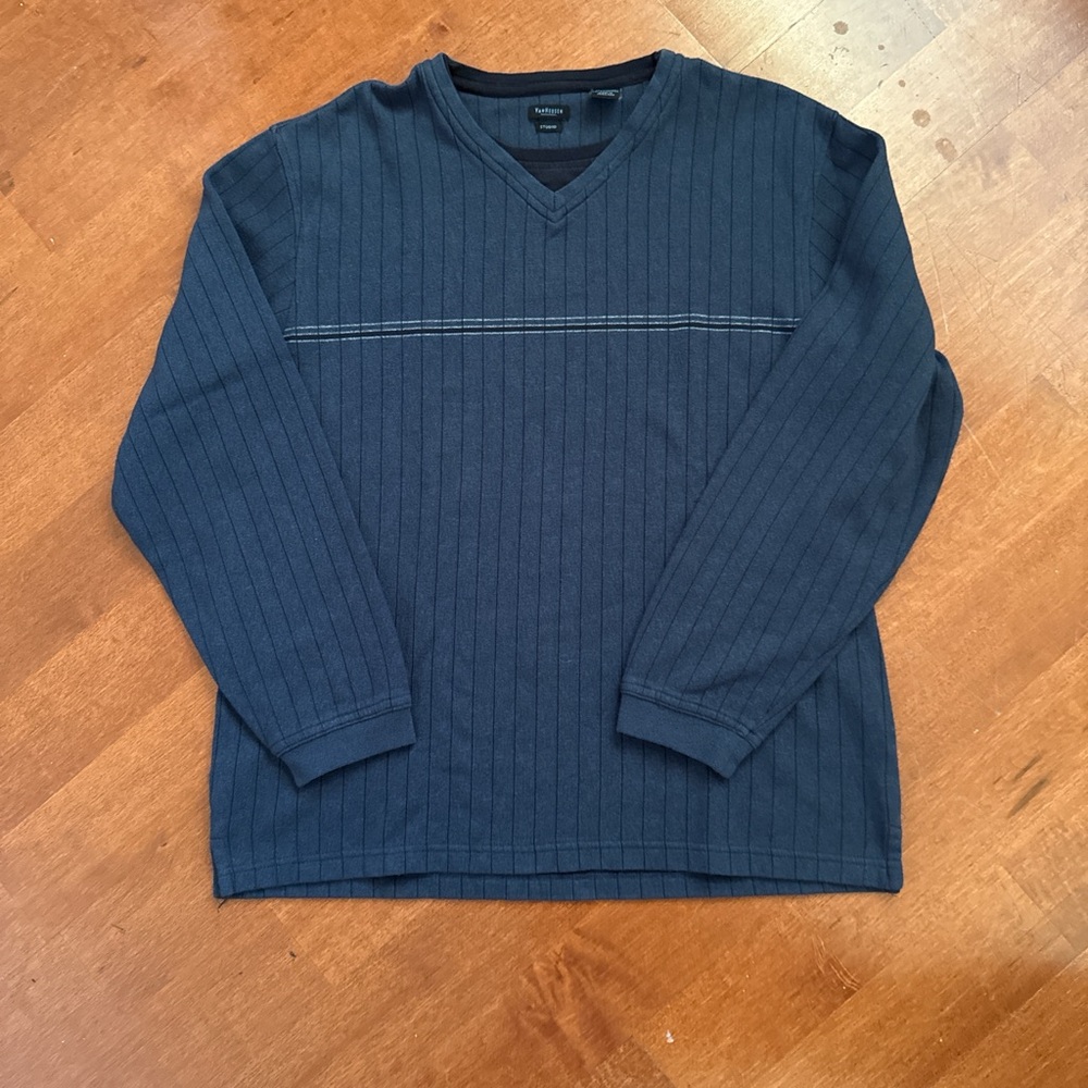Vtg 90s Mens Van Heusen Navy Indie Skater Striped Ribbed Long Sleeve Sweater